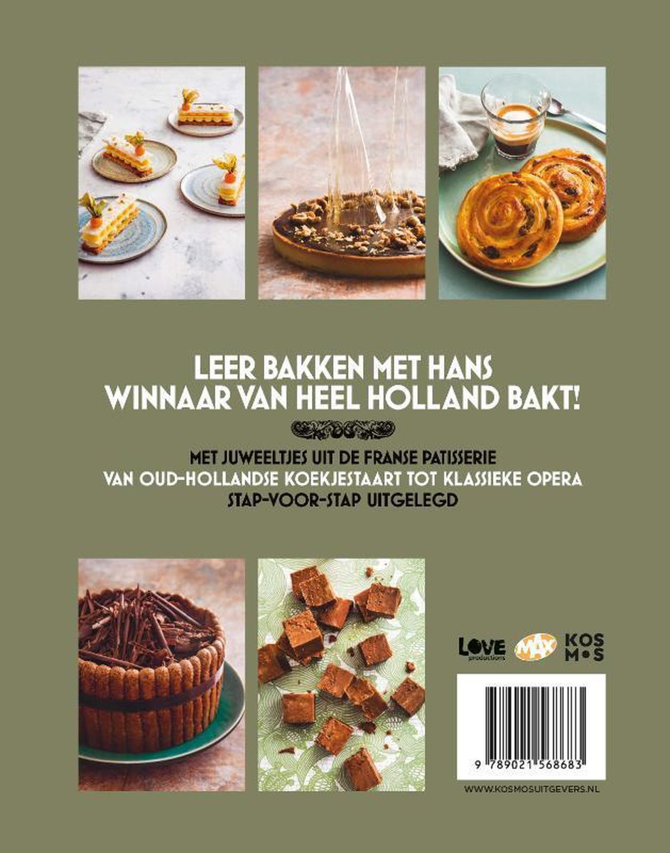 Boekomslag met diverse gebakjes en koekjes, waaronder taartjes, gebak en chocoladekoekjes.
