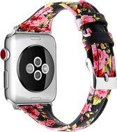 Bandje leer zwart Pink Flowers geschikt voor Apple Watch 38 en 40 mm