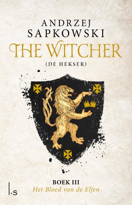 Boekomslag van Het Bloed van de Elfen met een gouden leeuw op een zwart schild en de titel The Witcher.
