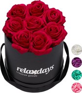 Relaxdays flowerbox zwart - 8 kunstrozen - rozenbox - bloemendoos - rozen in doos - rond - rood