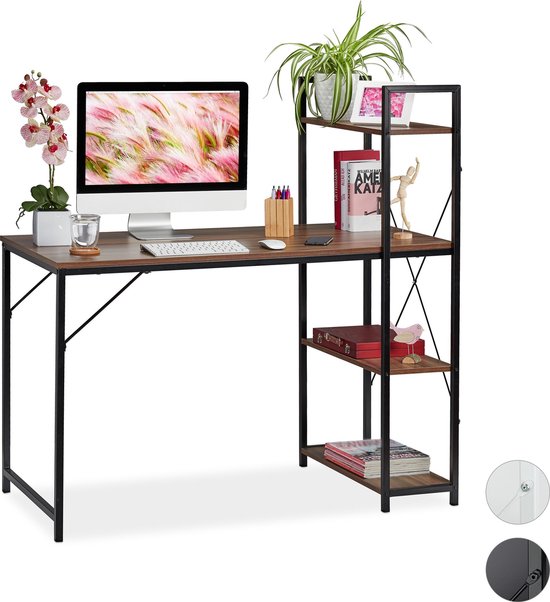 Relaxdays bureau - computertafel - modern design - met rek - laptopbureau - 4 planken - Hout / zwart