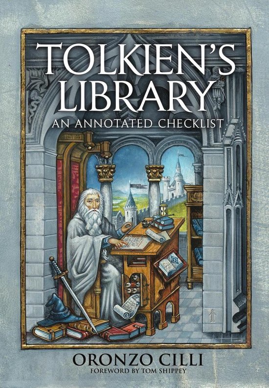 Tolkien's Library: An Annotated Checklist, met een voorwoord van Tom Shippey. Illustratie van een oude man met baard bij een bureau, met een zwaard en een hoed ernaast.