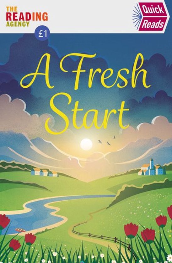 Boek "A Fresh Start" met "Quick Reads" logo. Landschap met zonsopgang, rivier en dorpje.