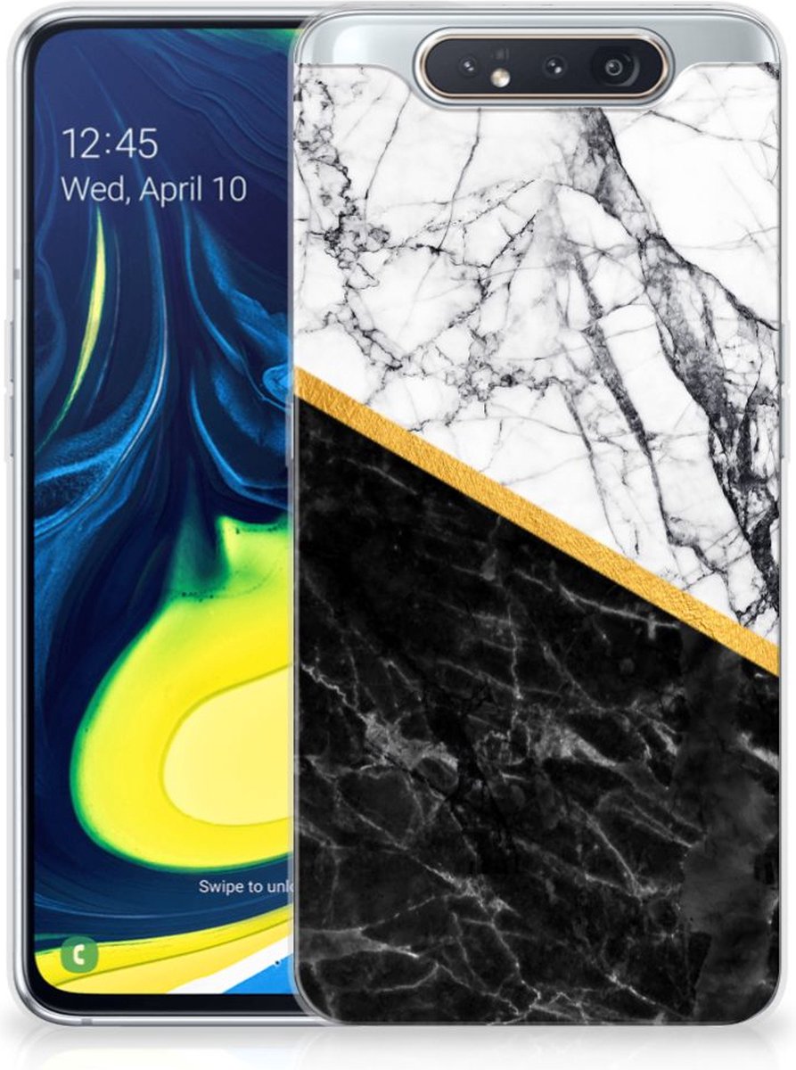 Samsung Galaxy A80 TPU Siliconen Hoesje Marmer Wit Zwart - Origineel Cadeau Man
