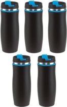 5x Thermosbekers/warmhoudbekers zwart/blauw 400 ml - Thermo koffie/thee isoleerbekers dubbelwandig met schroefdop