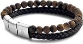 Frank 1967 Leather 7FB 0400 Leren armband met natuurstenen - Tijgeroog stenen 6 mm - 21 cm - Bruin