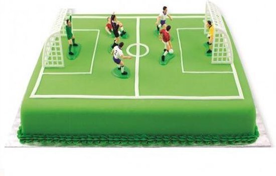 Voetbaltaart met 8 spelers, 2 doelen en een groen veld.