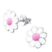 Zilveren kinderoorbellen bloem wit met roze hart glitter