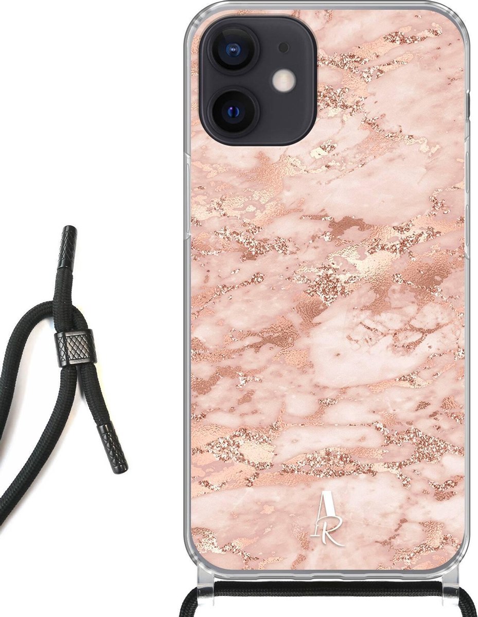 iPhone 12 Mini hoesje met koord - Pink Marble