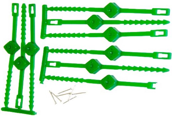 Groene kunststof klimplantgeleiders met kartelrand en nagels.