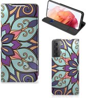 Smartphone Hoesje Samsung Galaxy S21 Mobiel Bookcase Paarse Bloem