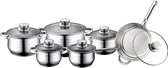 Pot, Frituur- en panset, 6 pannen- RVS- Inclusief glazen Deksels - Zilver