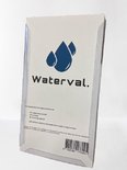Verpakking met het Waterval logo en blauwe druppels. Bevat tekst over douchekop houder met zuignap.