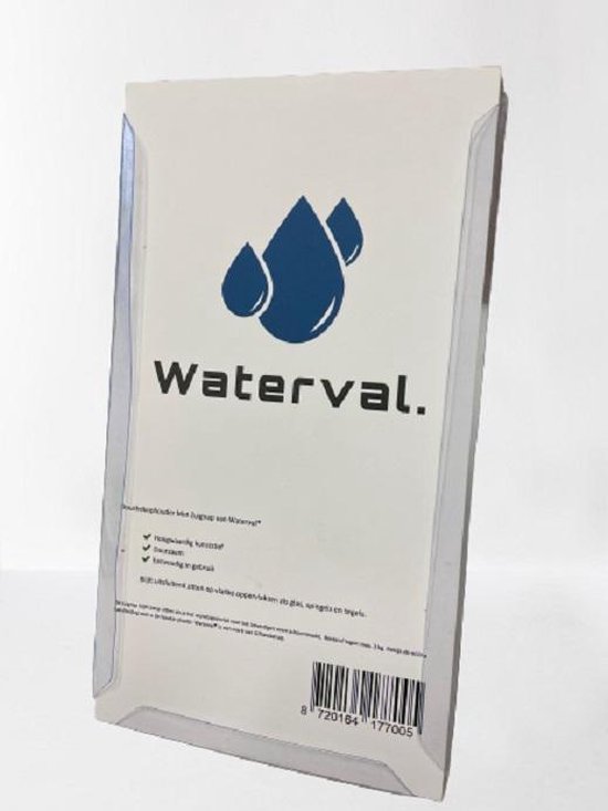 Verpakking met het Waterval logo en blauwe druppels. Bevat tekst over douchekop houder met zuignap.