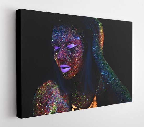 Portrait of Beautiful Fashion Woman in Neon UF Light. Model Girl with Fluorescent Creative Psychedelic MakeUp, Art Design of Female Disco Dancer Model in UV - Modern Art Canvas - Horizontal - 1080198608 - 50*40 Horizontal