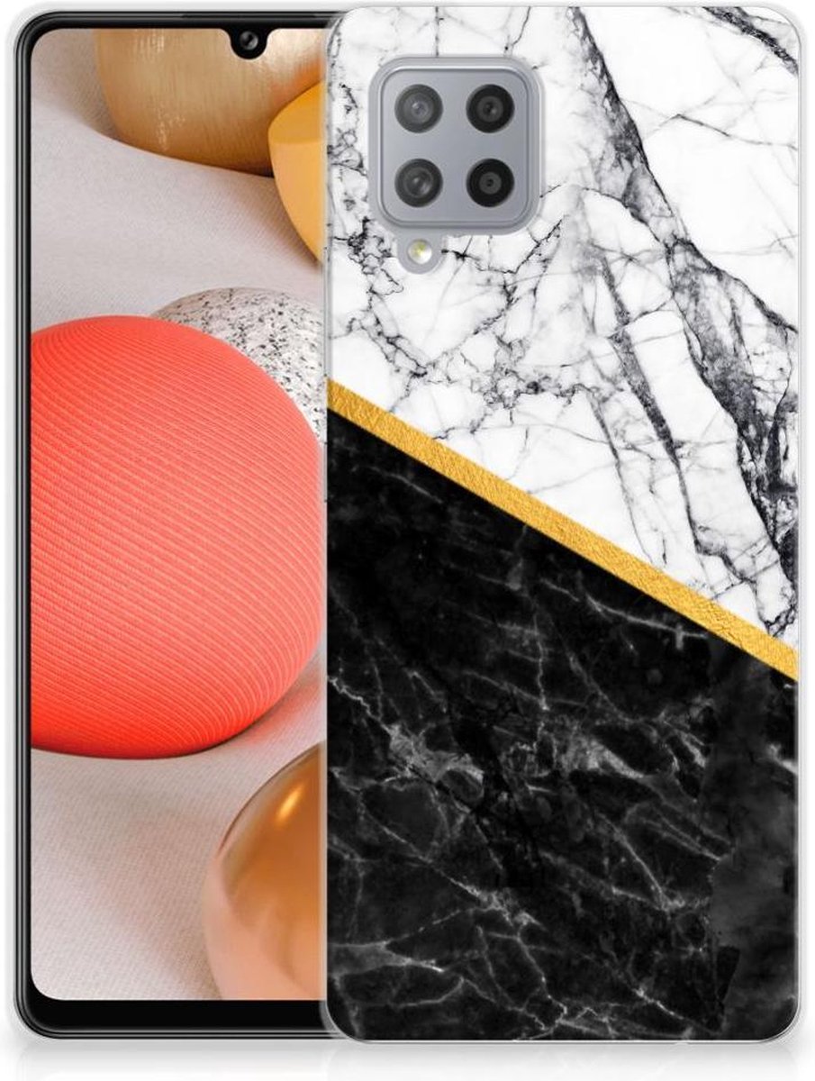 Samsung Galaxy A42 TPU Siliconen Hoesje Marmer Wit Zwart - Origineel Cadeau Man