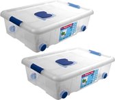 2x Opbergboxen/opbergdozen met deksel en wieltjes 31 liter kunststof transparant/blauw - 61 x 44 x 18 cm - Opbergbakken