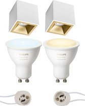 Pragmi Cliron Pro - Opbouw Vierkant - Mat Wit/Goud - Verdiept - 90mm - Philips Hue - Opbouwspot Set GU10 - White Ambiance - Bluetooth - BSE