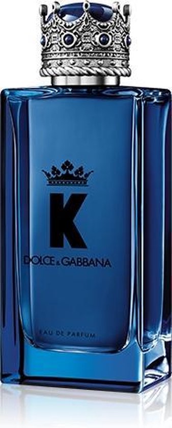 Dolce & Gabbana K Eau de Parfum spray, met een koningskroon dop en een diepblauwe fles met 'K' logo.