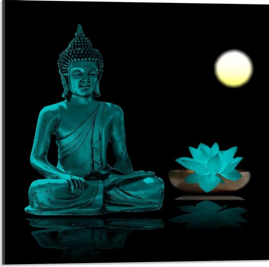 Acrylglas - Boeddha met Blauwe Lotus en Maan - 50x50cm Foto op Acrylglas (Wanddecoratie op Acrylglas)