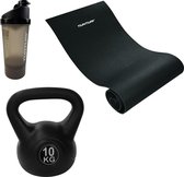 Tunturi - Fitness Set - Kettlebell 10 kg - Fitnessmat 160 x 60 x 0,7 cm - Shakebeker