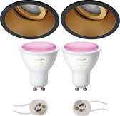 Pragmi Zano Pro - Inbouw Rond - Mat Zwart/Goud - Kantelbaar - Ø93mm - Philips Hue - LED Spot Set GU10 - White and Color Ambiance - Bluetooth - BES LED