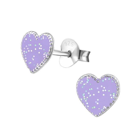 Aramat jewels ® - Kinder oorbellen hartje glitter 925 zilver paars 7mm