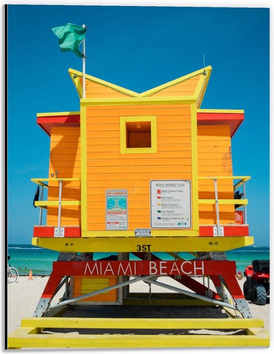 Dibond - Oranje Strandhuisje op Miami Beach - 30x40cm Foto op Aluminium (Met Ophangsysteem)