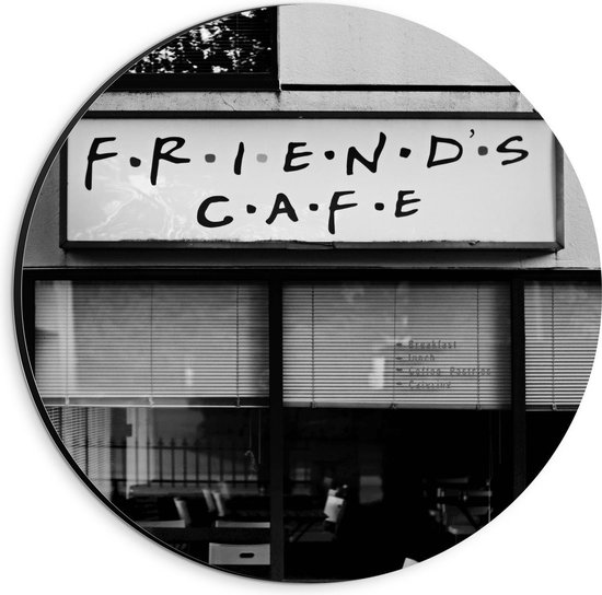 Dibond Wandcirkel - ''Friends Cafe'' (zwart/wit) - 20x20cm Foto op Aluminium Wandcirkel (met ophangsysteem)