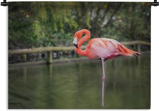 Wandkleed Flamingo - Een flamingo staat op een poot in het water