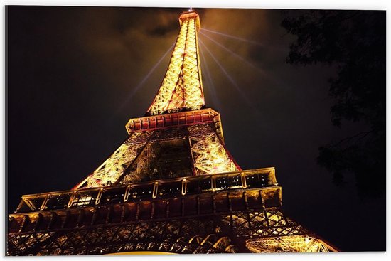 Dibond - Onderkant Eiffeltoren uit Parijs - 60x40cm Foto op Aluminium (Met Ophangsysteem)