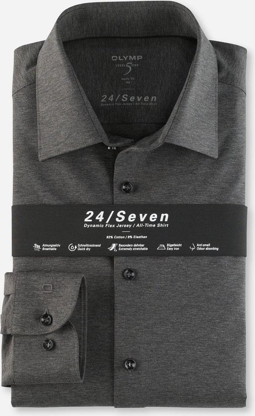 OLYMP Level 5 24/Seven body fit overhemd - antraciet grijs tricot - Strijkvriendelijk - Boordmaat: 44