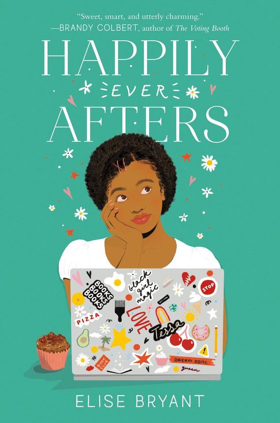 Boek 'Happily Ever Afters' met illustratie van een meisje met een laptop vol stickers, inclusief 'black girl magic'.