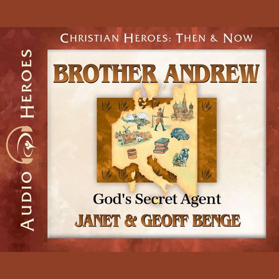 Audio Helden: Broeder Andrew, Gods Geheime Agent. Kaart met boeken, een vliegtuig en een auto.