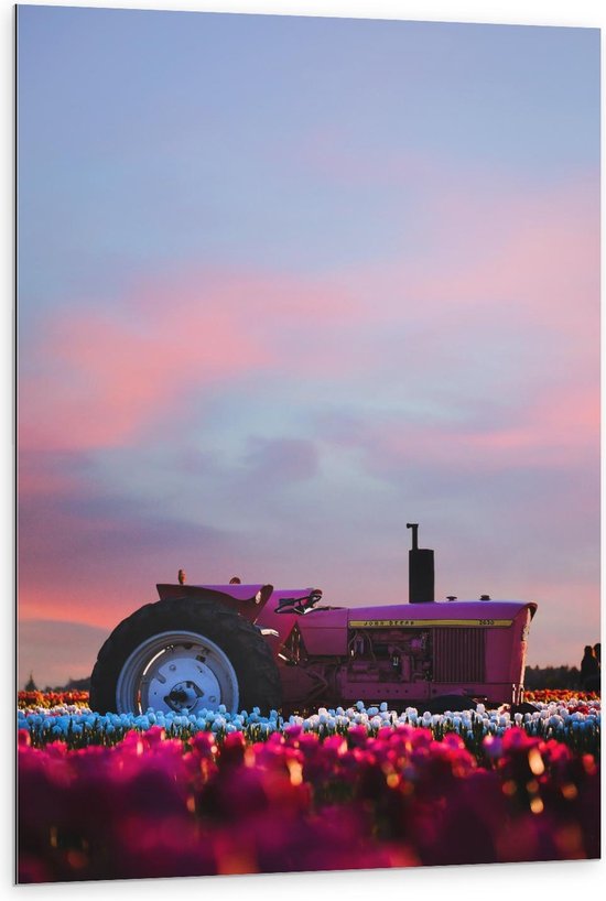Dibond - Roze Tractor Tijdens een Mooie Zonsondergang - 80x120cm Foto op Aluminium (Met Ophangsysteem)