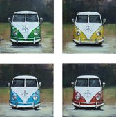Schilderij - Metaalschilderij - Volkswagen bus T1, set van 4 x 40x40cm. vierluik, met de hand geschilderd op metaal