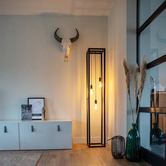 QAZQA big_cage – Design Vloerlamp | Staande Lamp – 3 lichts – H 175 cm – Zwart – Industrieel – Woonkamer | Slaapkamer