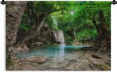Wandkleed Diep in de jungle - Erawan Waterval in Kanchanaburi Thailand Wandkleed katoen 180x120 cm - Wandtapijt met foto XXL / Groot formaat!