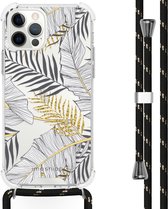 iMoshion Design hoesje met koord voor de iPhone 12, iPhone 12 Pro - Bladeren - Zwart / Goud