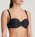 Zwarte strapless bh met decoratieve, ronde bandjes en een strikje aan de voorkant.
