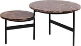 Donkerbruine marmeren salontafel met zwart metalen onderstel (2-delige set) (r-000SP39079)