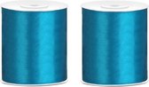 2x Hobby/decoratie turquoise blauw satijnen sierlinten 10 cm/100 mm x 25 meter - Cadeaulinten satijnlinten/ribbons