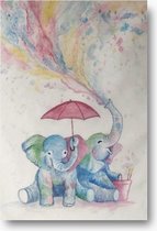 Schilderij blauwe olifantjes 60 x 90 - Artello - handgeschilderd schilderij met signatuur - schilderijen woonkamer - wanddecoratie - 700+ collectie Artello schilderijenkunst