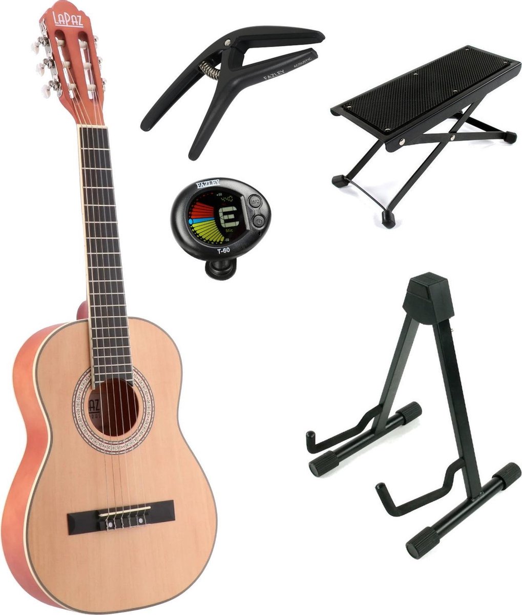 LaPaz C30N klassieke gitaar 3/4-formaat naturel + statief + accessoires