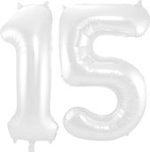De Ballonnenkoning - Folieballon Cijfer 15 Wit Metallic Mat - 86 cm
