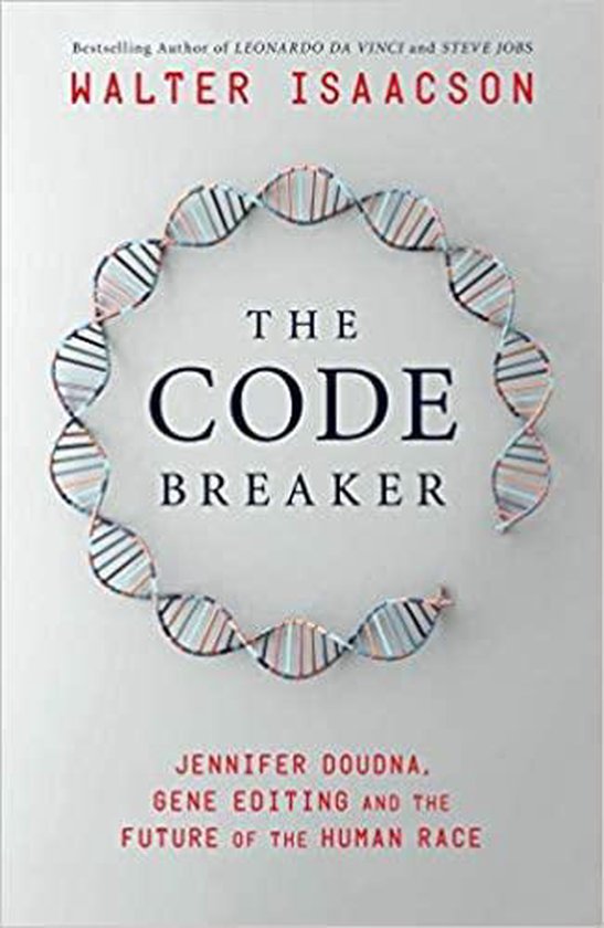 Boek "The Code Breaker" door Walter Isaacson, met de titel in grote letters en een DNA-ketting.