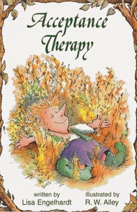 Boekomslag: Titel 'Acceptance Therapy' met een illustratie van een elfje dat lachend in de herfstblaadjes ligt.