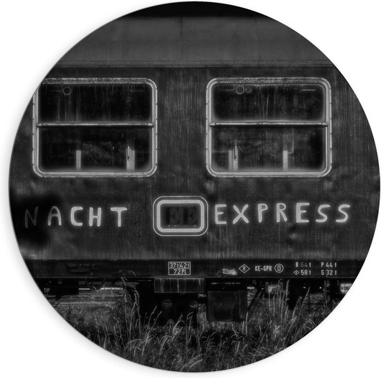 Dibond Wandcirkel - ''Nacht Express'' Treinwagon (zwart/wit) - 90x90cm Foto op Aluminium Wandcirkel (met ophangsysteem)
