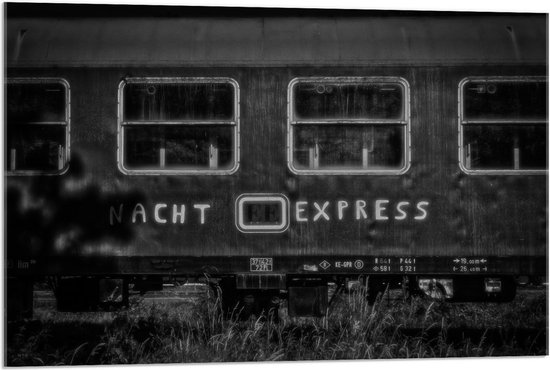 Acrylglas - ''Nacht Express'' Treinwagon (zwart/wit) - 90x60cm Foto op Acrylglas (Wanddecoratie op Acrylglas)