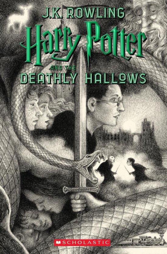 Boek "Harry Potter and the Deathly Hallows" met J.K. Rowling's naam.